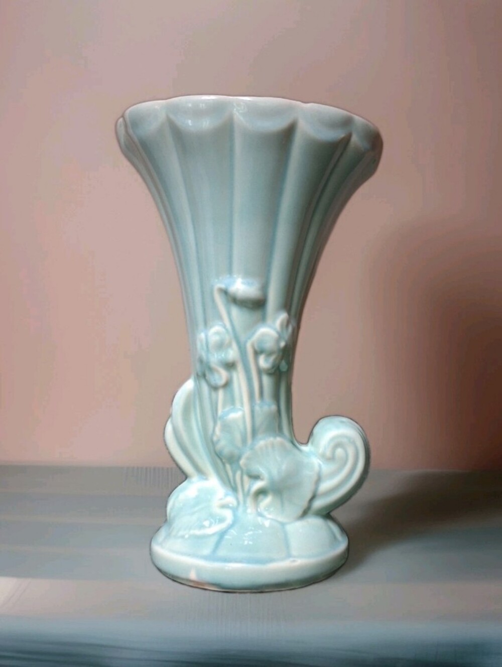 Vintage Shawnee USA Pottery 10" Large Cornucopia Vase Light Teal